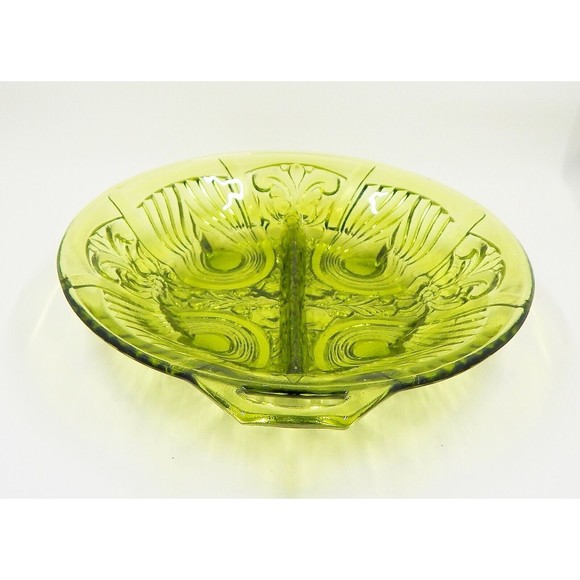 Indiana Glass Killarney Green Avocado Handled Divided Relish Candy Nut Dish - Picture 2 of 10